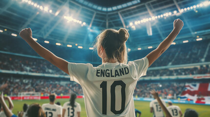 English woman football soccer fans in a stadium supporting the national team, celebrating victory