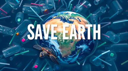 A powerful image of Earth surrounded by plastic waste, emphasizing the urgent need to reduce pollution and protect marine life. The bold "SAVE EARTH" text reinforces the environmental message.