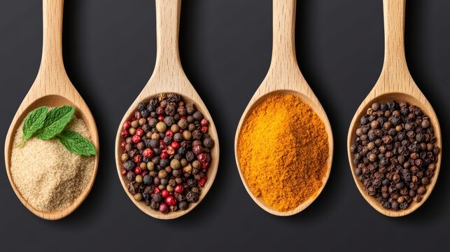 Four spoons of different spices are shown, including pepper, salt, and cumin. The spoons are arranged in a row, with each spoon containing a different spice. Concept of variety and abundance
