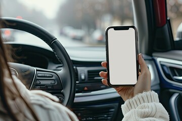 Woman Sitting in Car and Holding Blank White Phone Mockup Empty Background