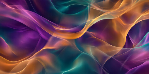 Obraz premium A surreal, colorful abstract background with flowing ribbon-like waves. The silky, undulating patterns in deep purple, radiant gold, and bright teal create an elegant, mesmerizing, and visually