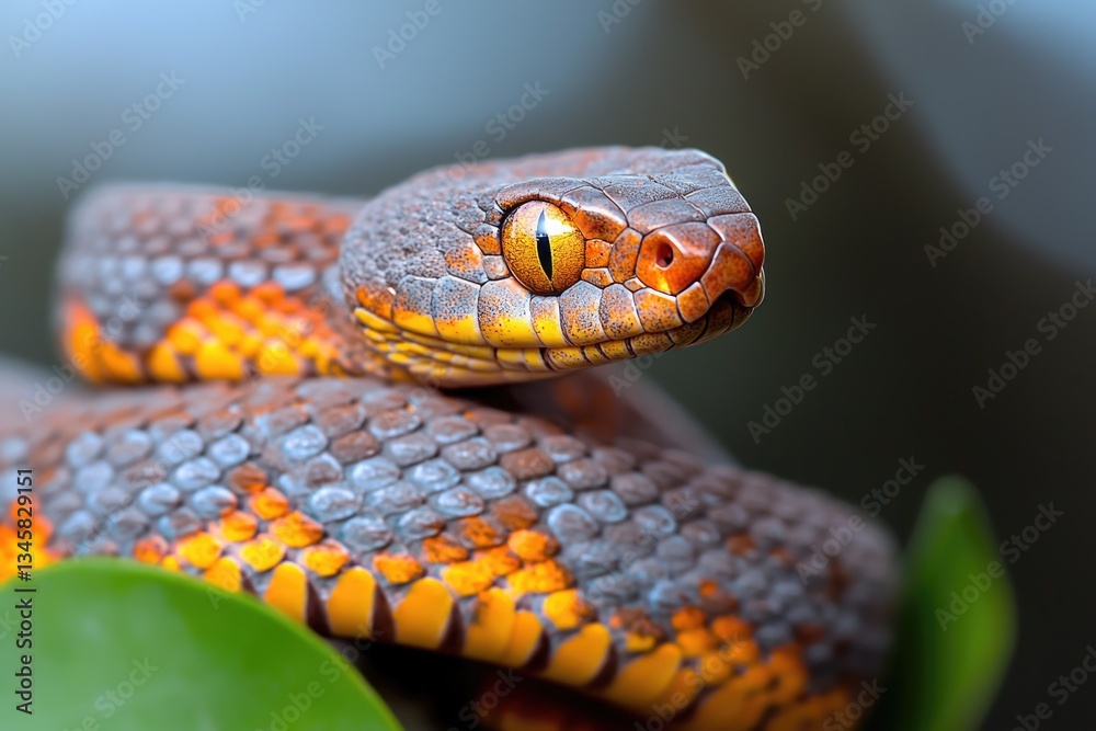 Poster a close-up shot of a snake coiled around a leaf, highlighting its scales and texture