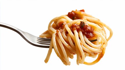 Forkful of spaghetti with rich tomato sauce