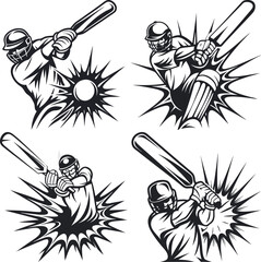 Fototapeta premium Cricket Batting Illustration Set – Black and White Sports Action Vector