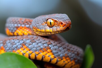 Obraz premium A close-up shot of a snake coiled around a leaf, highlighting its scales and texture