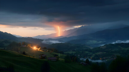 Dramatic Lightning Strike Over Rolling Green Hills and Mountain Range at Sunset with Cloudy Sky