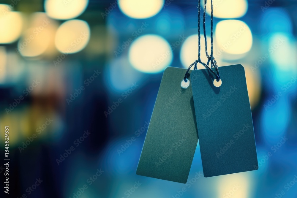 Poster A pair of tags attached to a string, useful for identifying objects or labeling items