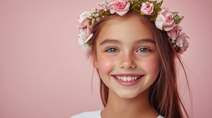 Young girl with a pink flower headband is smiling. She has a pinkish skin tone and is wearing a white shirt