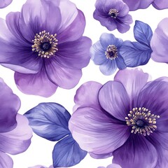 Obraz premium Seamless beautiful purple flowers watercolor style pattern