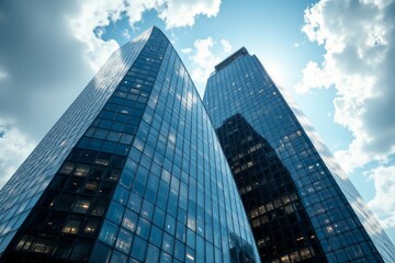Fototapeta premium Two modern glass skyscrapers reaching towards a bright blue sky
