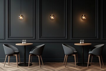 Modern cafe interior with dark walls, wooden floors, and stylish furniture.  Dim lighting creates a cozy atmosphere
