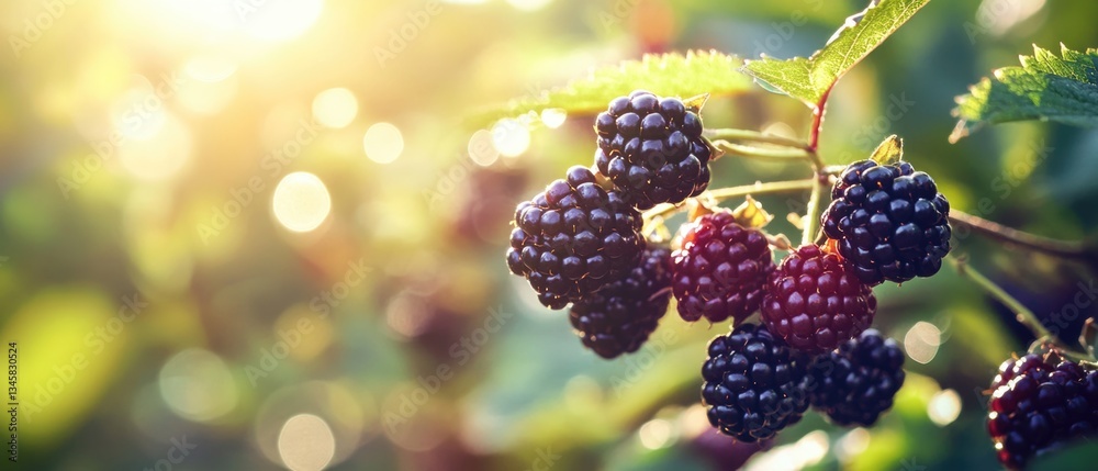 Poster a bunch of blackberries hang from a tree branch, ripe and ready for picking