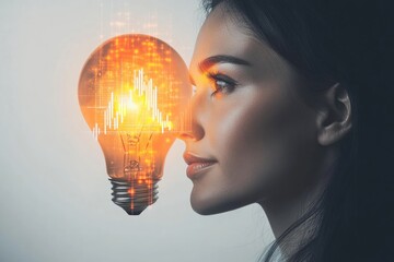 Woman gazing at a glowing lightbulb filled with financial data, symbolizing innovative ideas and financial success.