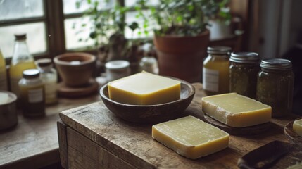 A cozy diy zero-waste soap-making workshop displaying handmade soap bars, natural ingredients, and jars on a rustic wooden table