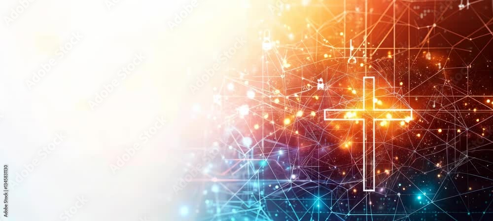 Poster Jesus Cross symbol with colorful light elements on copy space background. Christian religion concept. Generative AI technology.	
