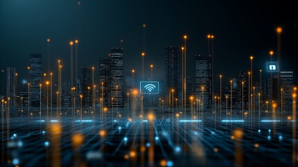 Futuristic city skyline glowing at night with vibrant lights and advanced technology