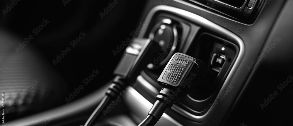 Poster A close-up shot of a black and white car dashboard with various instruments and controls