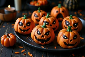 Spooky smiling pumpkin treats arranged on a dark textured surface