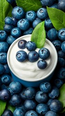 Bowl of blueberries and yogurt. The blueberries are fresh and ripe, and the yogurt is creamy and smooth. Concept of freshness and health, as the blueberries and yogurt are both nutritious