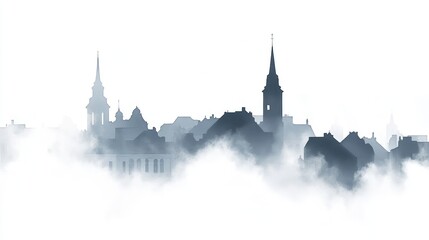 Obraz premium City skyline silhouettes, misty morning, urban landscape, tranquil scene, photo use