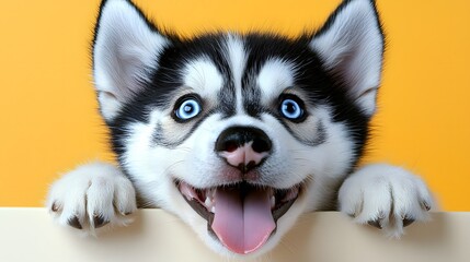 Fototapeta premium Adorable Siberian Husky Puppy with Bright Blue Eyes Happy Expression Yellow Background