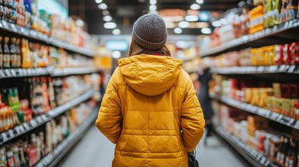 A shopper explores an innovative packaging-free grocery store, surrounded by organized shelves filled with various products, emphasizing sustainability and eco-friendliness