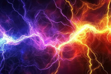 A futuristic, colorful abstract background featuring swirling plasma energy. The dynamic, electrified patterns in neon yellow, fiery crimson, and deep sapphire create a high-tech, sci-fi, and visually