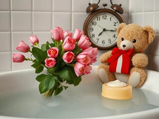 teddy bear and clock