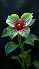 A delicate, five-petaled flower with green and red hues