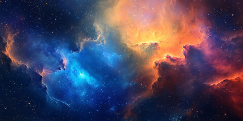 Fototapeta premium A cosmic, colorful abstract background featuring gaseous nebula clouds swirling in an infinite galaxy. Brilliant blues, fiery oranges, and deep purples blend in a celestial dance, evoking the vast