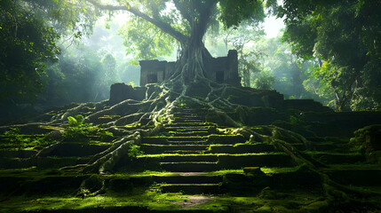 Ancient Ruins In Lush Green Jungle Sunlight