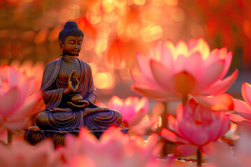 Ancient statue great Buddha on bright holiday composition, abstract vivid composition consists of fictional unreal fantastic vision on background