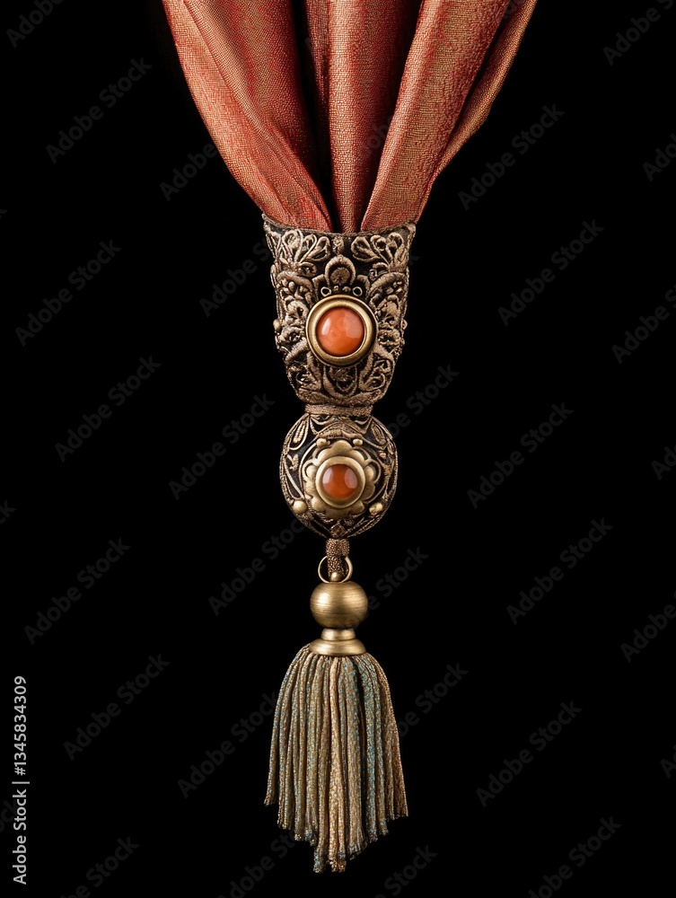 Poster a close-up view of a curtain's decorative tassel, suitable for use in home decor or design contexts