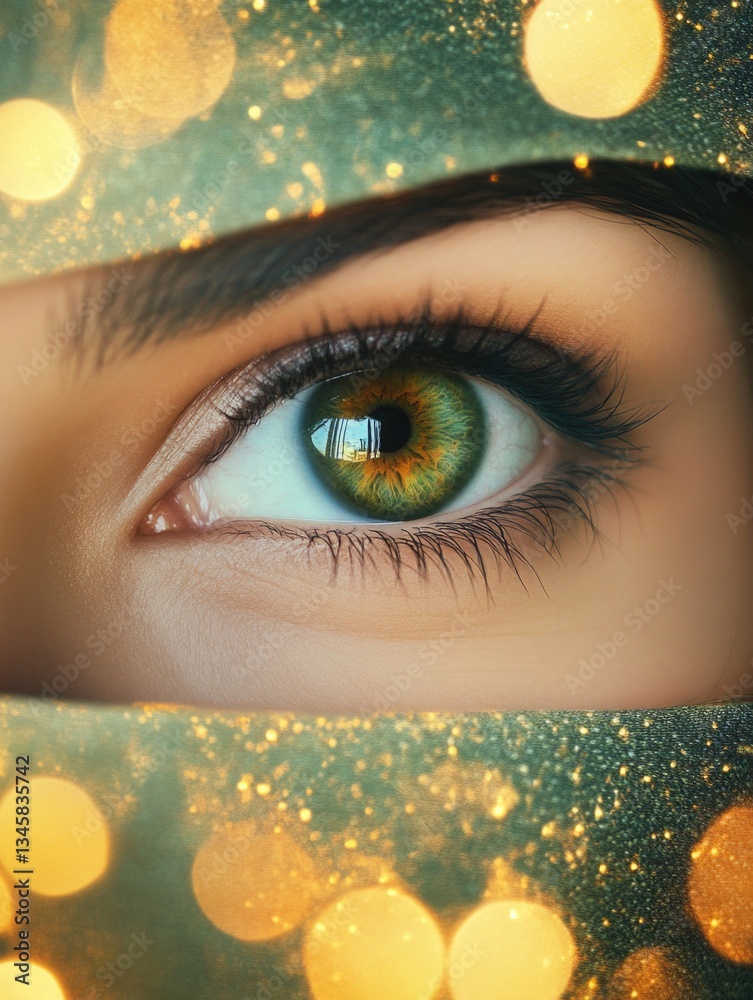 Poster a detailed view of a human eye with golden light shining from behind, ideal for uses such as spiritu