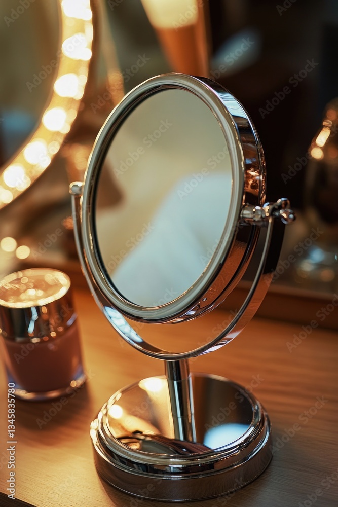 Poster A mirror sits on top of a wooden table with a simple and elegant design