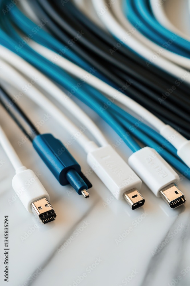 Poster a collection of computer and electronics cables laid out on a surface, suitable for illustration or 