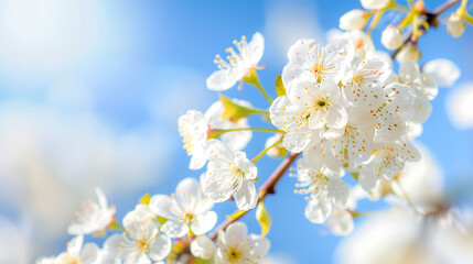 Vibrant Dew-Kissed Cherry Blossoms Under Clear Blue Sky on First Day of Spring, Reflecting Pond and Awakening Greenery