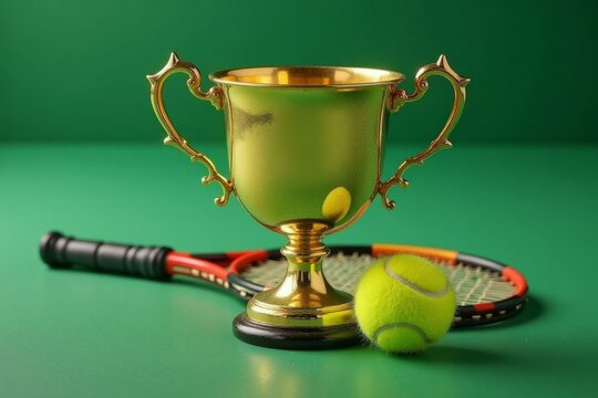 A golden trophy tennis racket and ball resting on green - Powered by Adobe