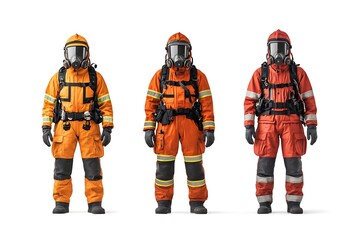Three individuals in protective suits stand side by side, showcasing different types of gear designed for hazardous environments, emphasizing safety and preparedness.