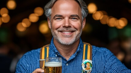 Man with a mustache is smiling and holding a glass of beer. Concept of relaxation and enjoyment, as the man is in a happy and carefree mood