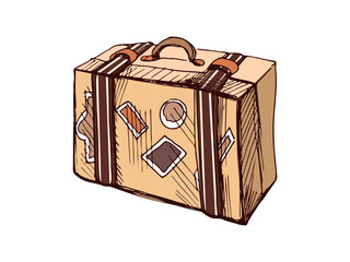 Hand-drawn sketch illustration of a vintage suitcase with travel stickers in retro style