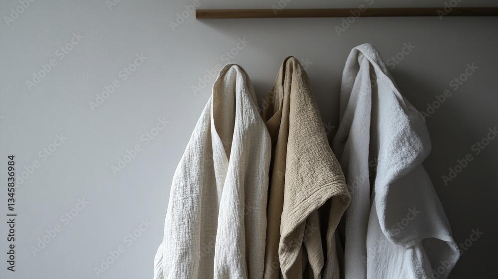 Aufkleber row of towels hung on a wall with hooks and bars