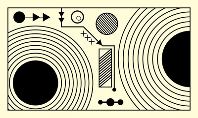 Retro black and white geometric pattern background, vector abstract circle, triangle and square lines art. Trendy bauhaus pattern backgrounds op-art 