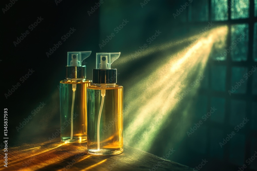 Poster a pair of perfume bottles placed on a wooden table