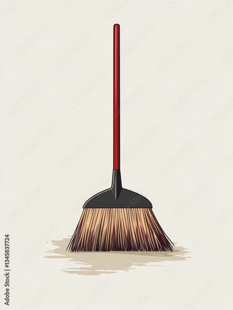 Poster a simple broom with a red handle against a clean white background, great for use in illustrations, d