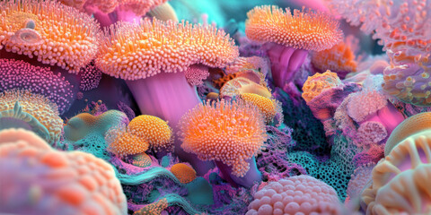 A surreal, colorful abstract background with organic, flowing textures resembling coral reefs. The layered, detailed formations in neon pink, glowing orange, and soft aquamarine create an underwater,
