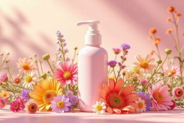 A pink bottle stands amid beautiful and colorful flowers