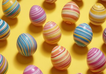 Obraz premium Colorful Easter Eggs with Swirls on Bright Yellow Background for Festive Holiday Celebrations and Springtime Decor Ideas