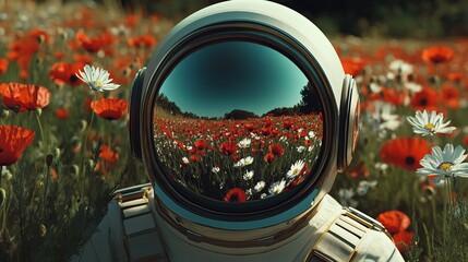 Reflections of nature in the visor of an astronaut exploring a vibrant flower field on Earth during Cosmonautics Day