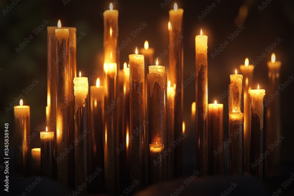Poster lit candles in a dark setting, suitable for use as mood lighting or atmosphere